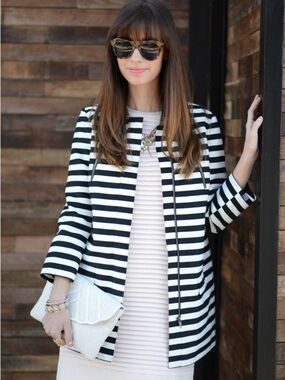 Halogen Black & White Striped Coat Jacket Size Large Chic Zip Pocket Topper